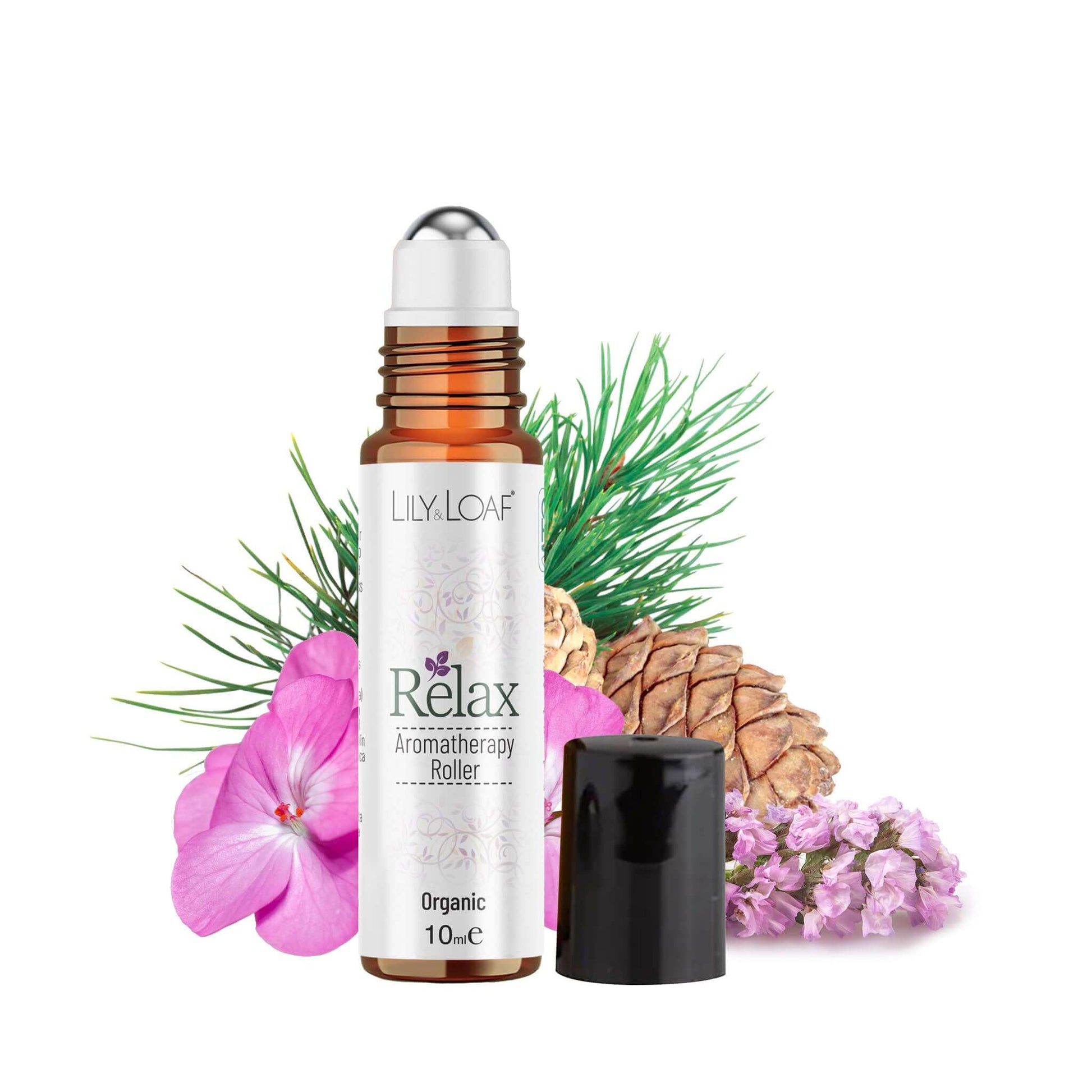 Lily & Loaf Relax aromatherapy roller bottle with flowers and pine cones on a white background