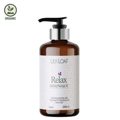 Bottle of Lily & Loaf Relax Calming Massage Oil on a white background