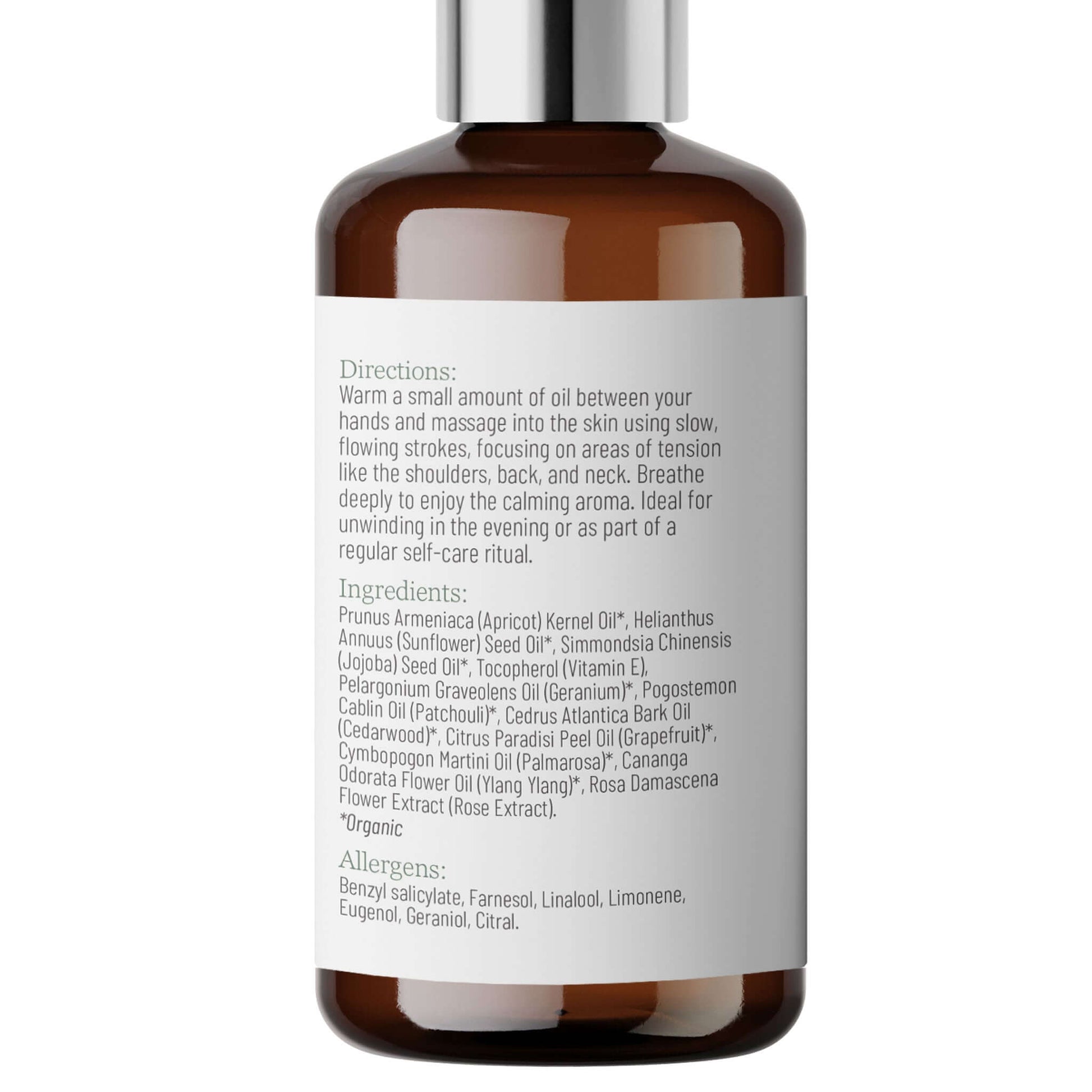 Lily & Loaf Relaxing Massage Oil glass bottle with a white label containing text on a white background