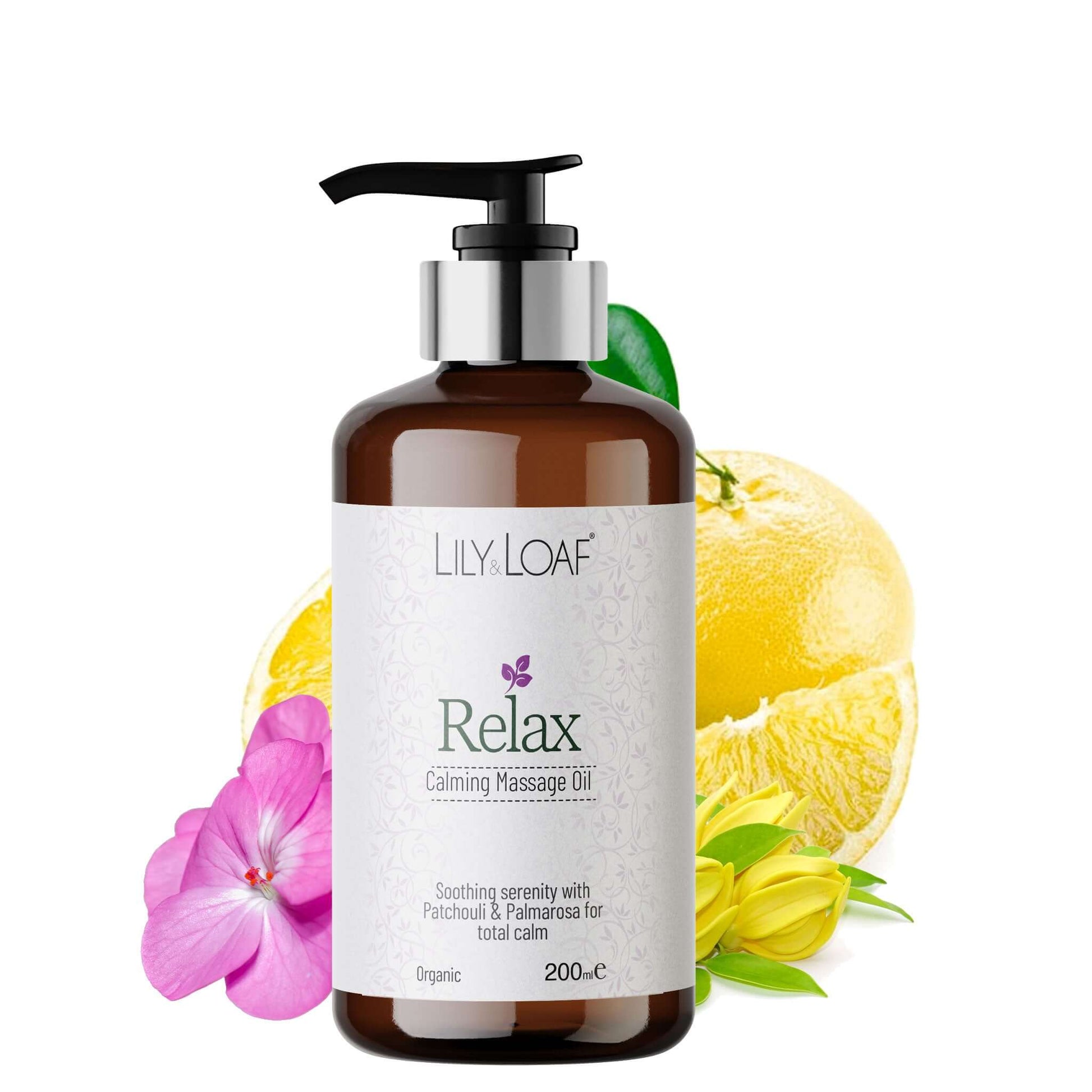 Lily & Loaf Relax Calming Massage Oil bottle with lemon and flower graphics on a white background
