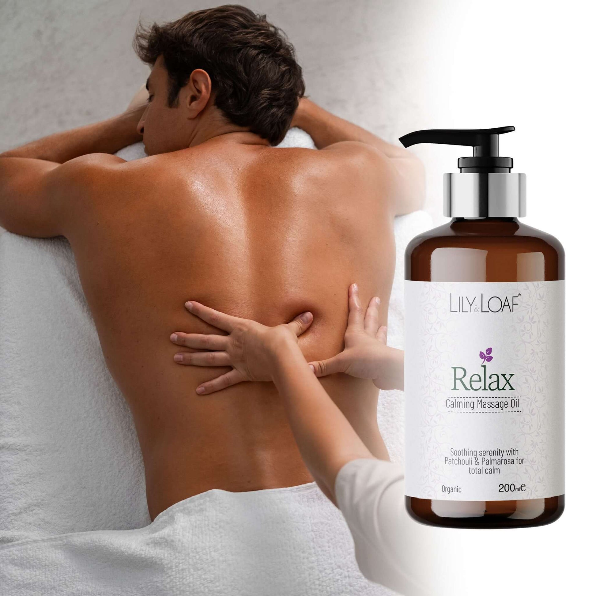 Person receiving a massage on their back with a bottle of Lily & Loaf Relax Calming Massage Oil.