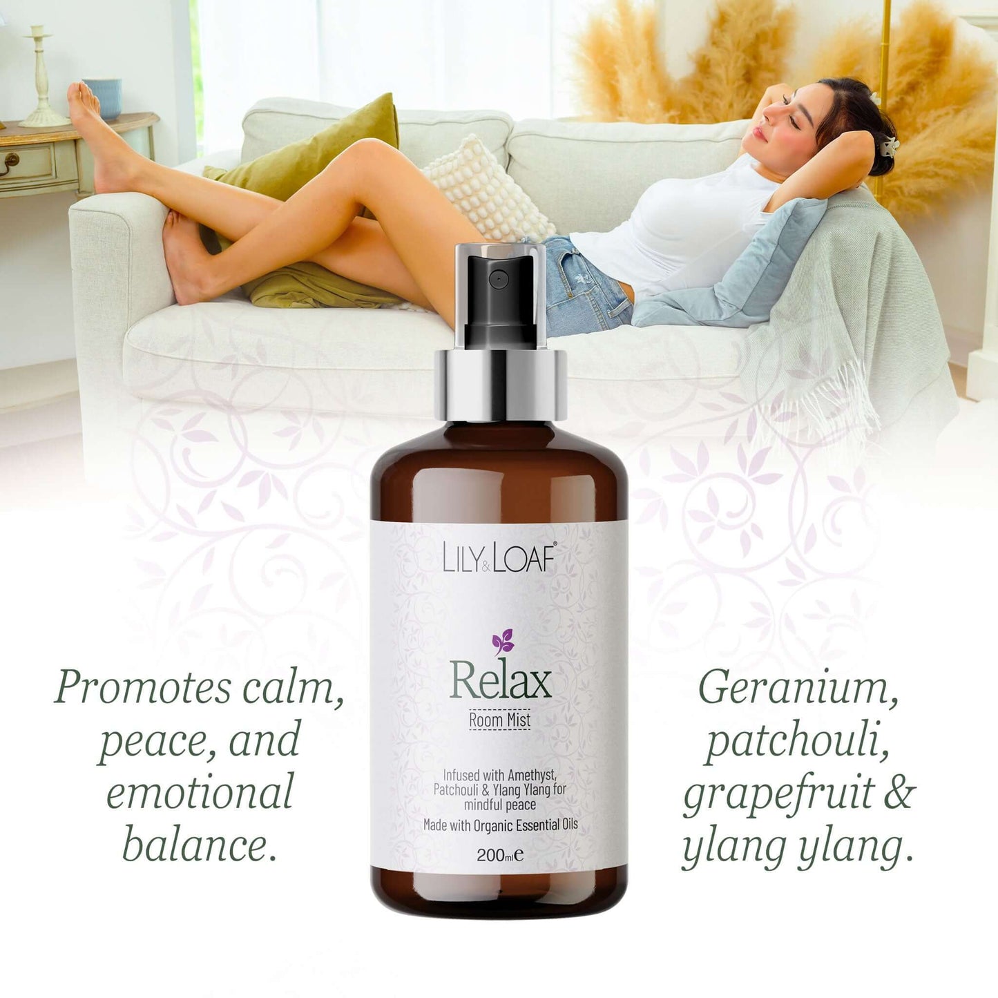Bottle of Lily Loaf Relax room mist with a woman relaxing on a couch in the background.
