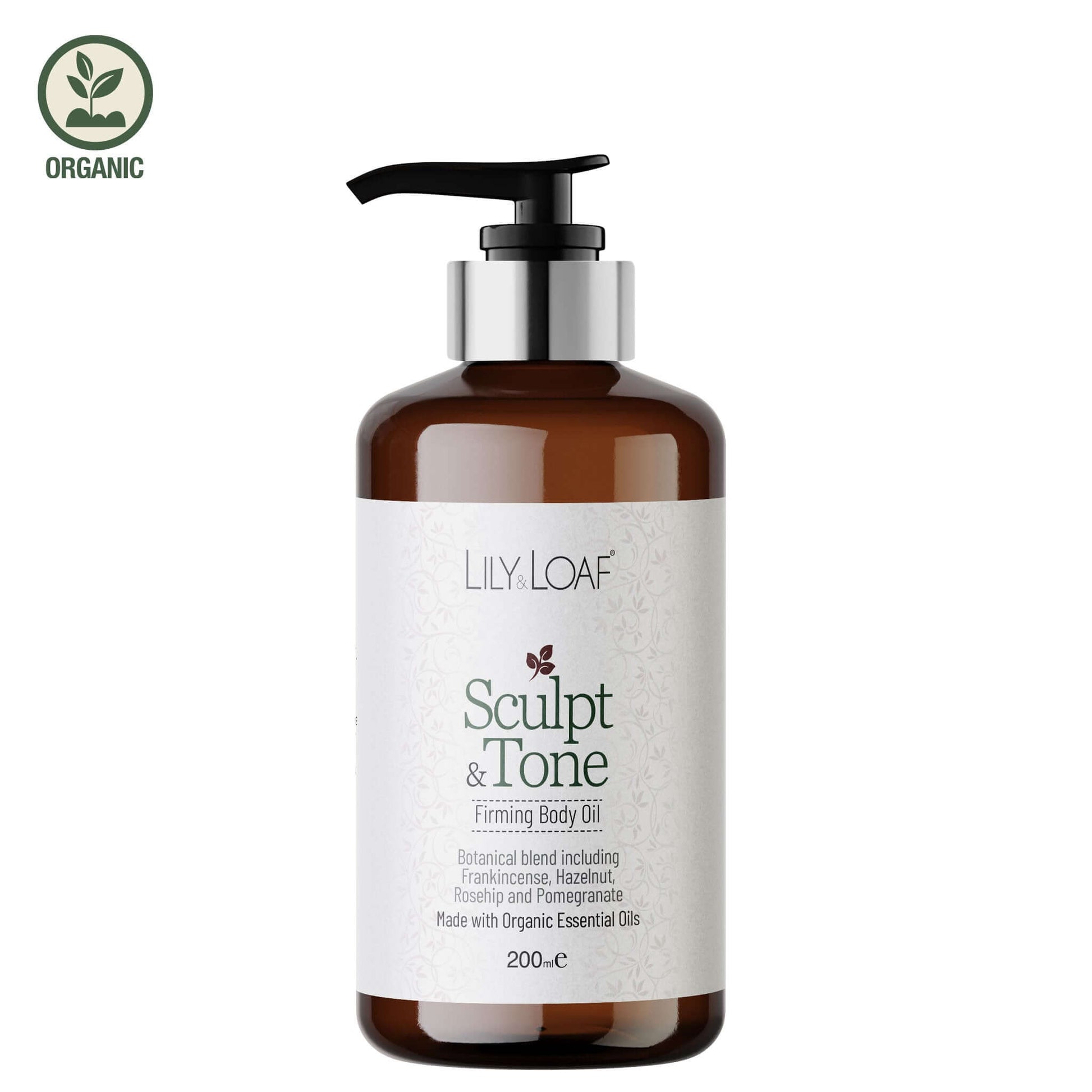 Brown bottle with pump labelled 'Lily & Loaf Sculpt & Tone' on a white background
