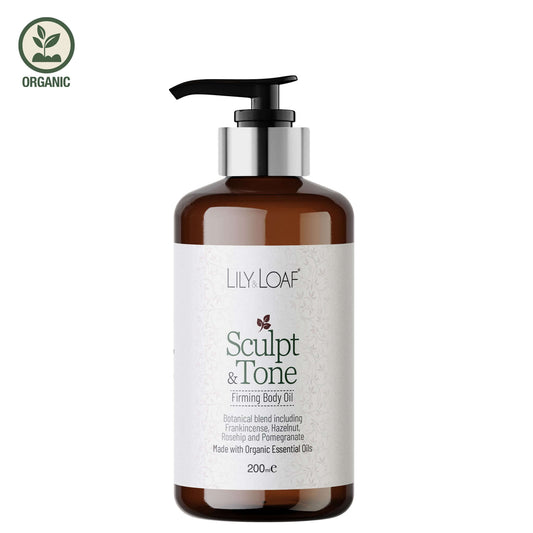 Brown bottle with pump labelled 'Lily & Loaf Sculpt & Tone' on a white background
