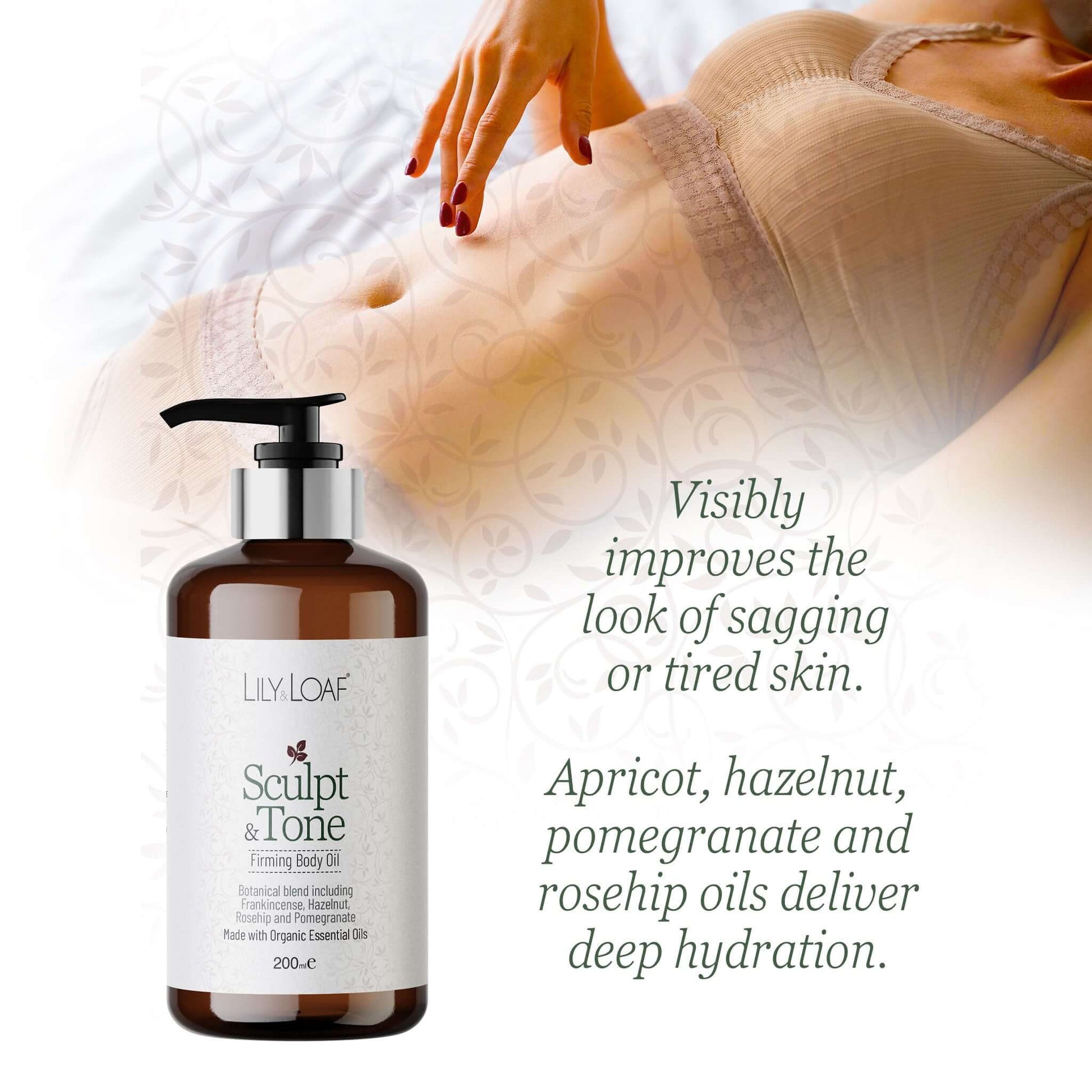 Lily & Loaf Sculpt & Tone body lotion with a woman rubbing her belly, against a textured white background.