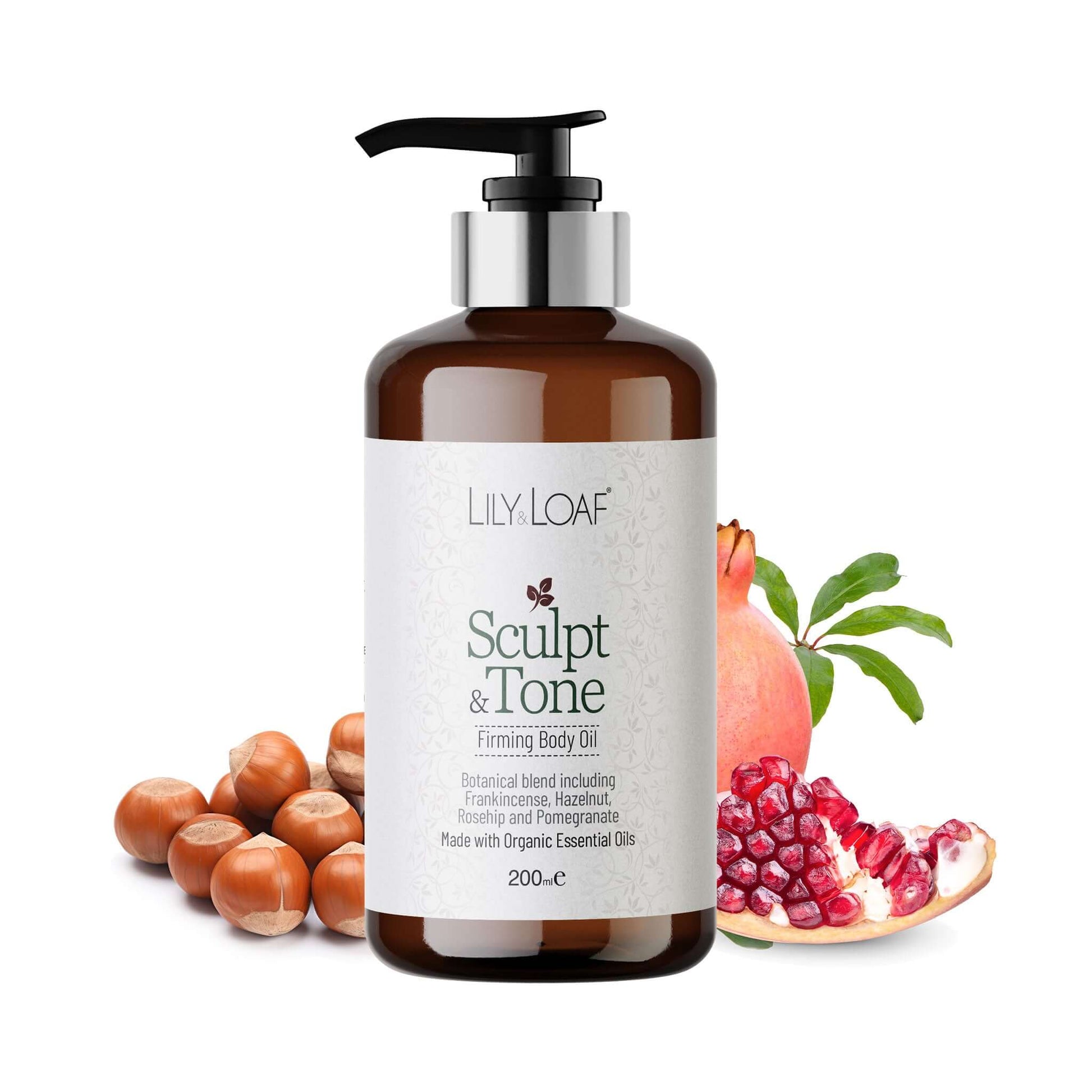 Bottle of Lily & Loaf Sculpt & Tone Firming Body Oil with ingredients including pomegranate and hazelnut in the background