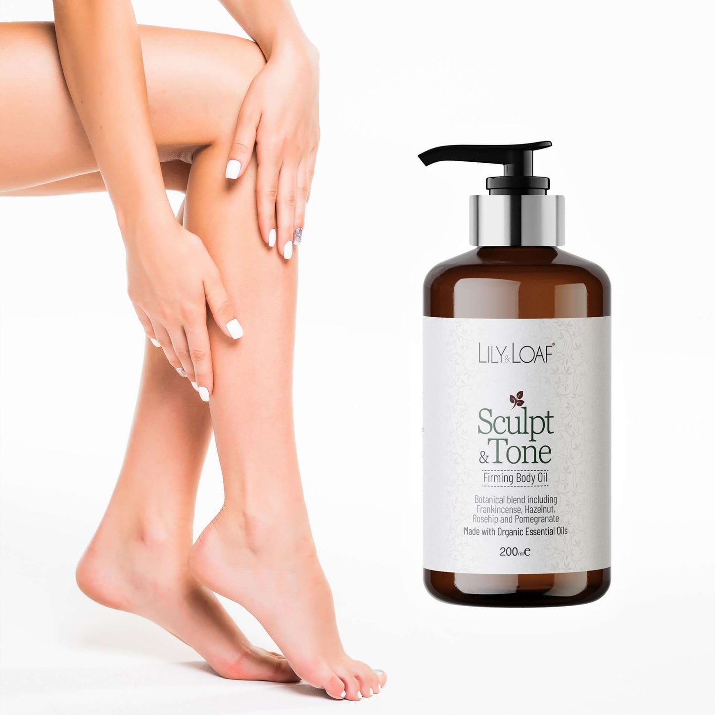 Lily & Loaf Sculpt & Tone body oil bottle with a woman touching her legs in the background