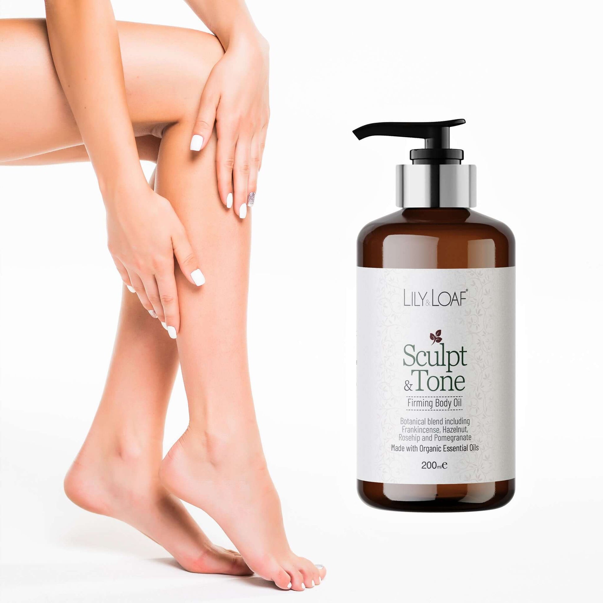 Lily & Loaf Sculpt & Tone body oil bottle with a woman touching her legs in the background