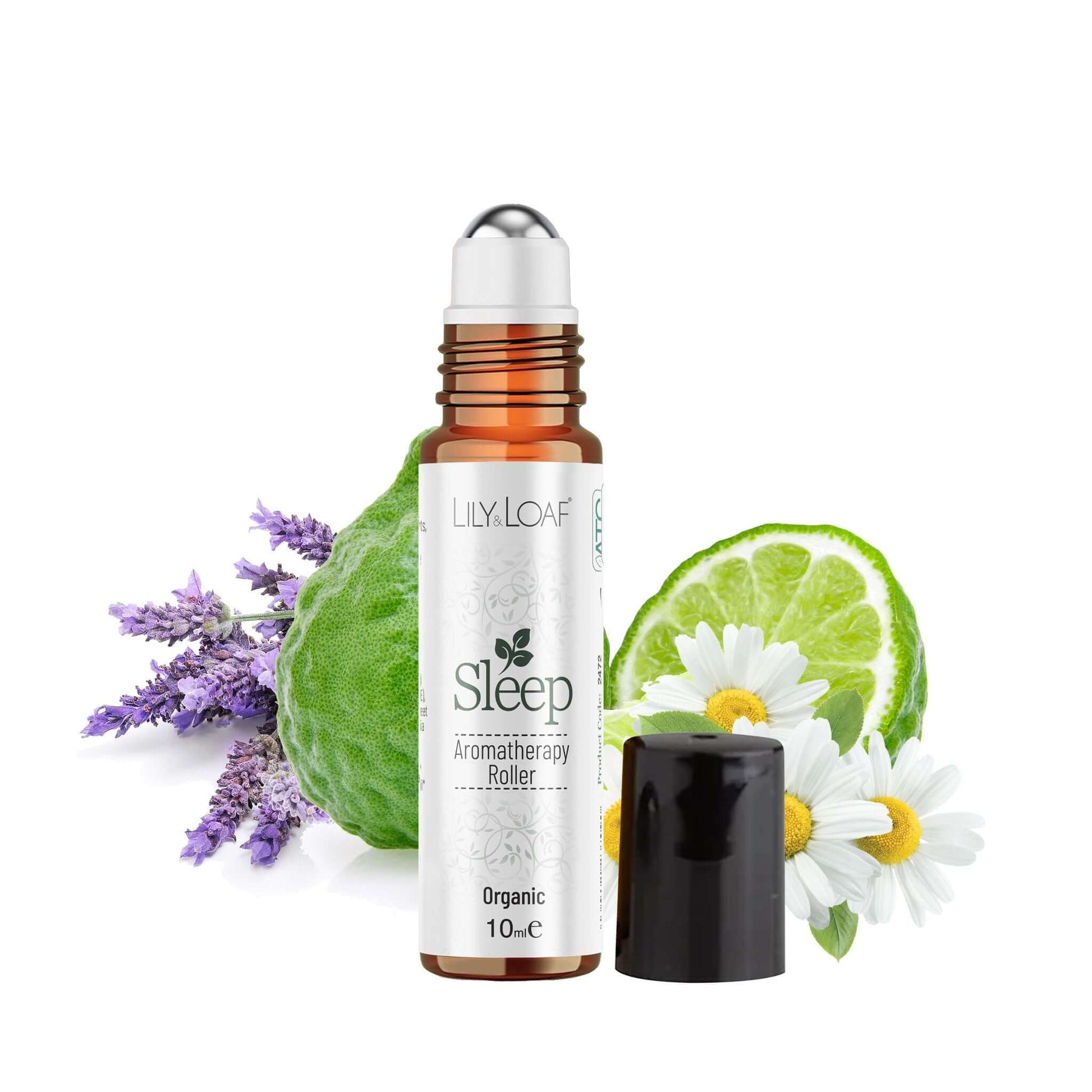 Aromatherapy roller bottle labeled 'Sleep' with natural elements like lavender, lime, and flowers on a white background.