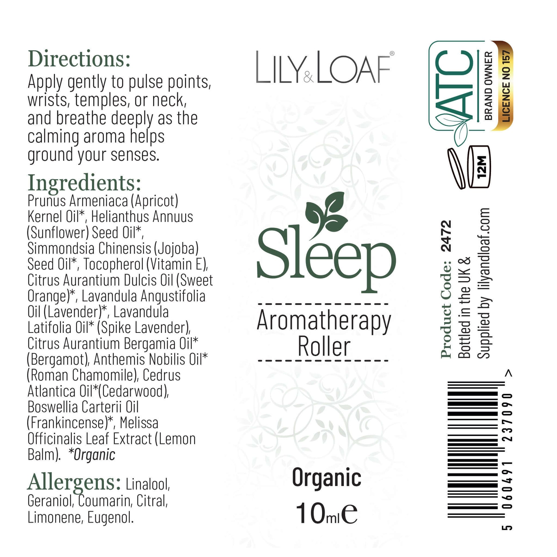 Lily & Loaf Sleep aromatherapy roller label with ingredients and branding details.
