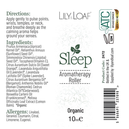 Lily & Loaf Sleep aromatherapy roller label with ingredients and branding details.