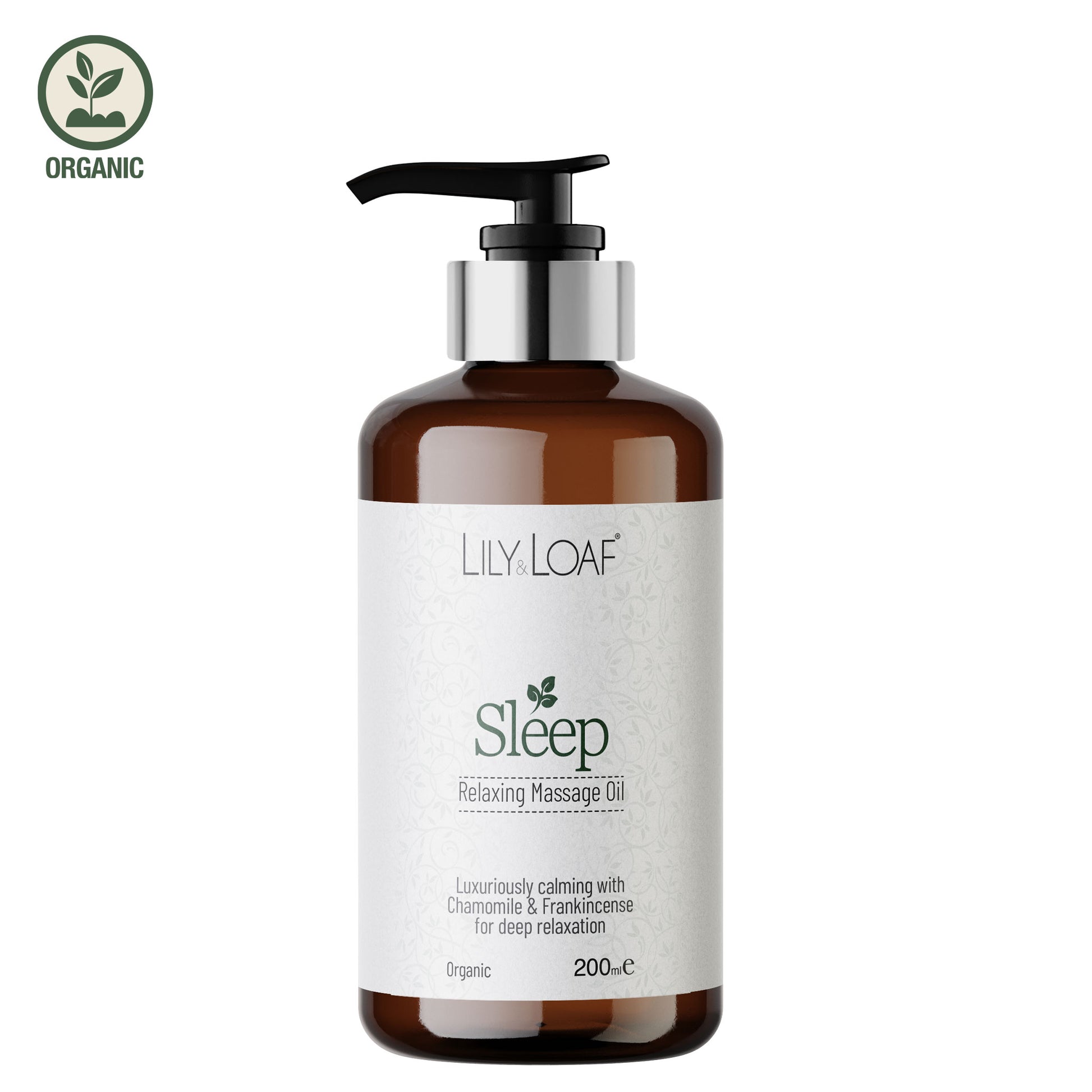 Bottle of Lily Loaf Sleep Relaxing Massage Oil on a white background