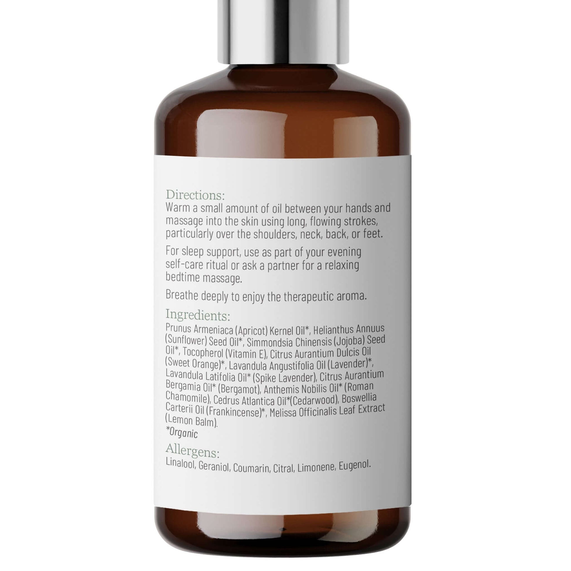 Lily & Loaf Sleep Massage Oil directions for use and ingredients label