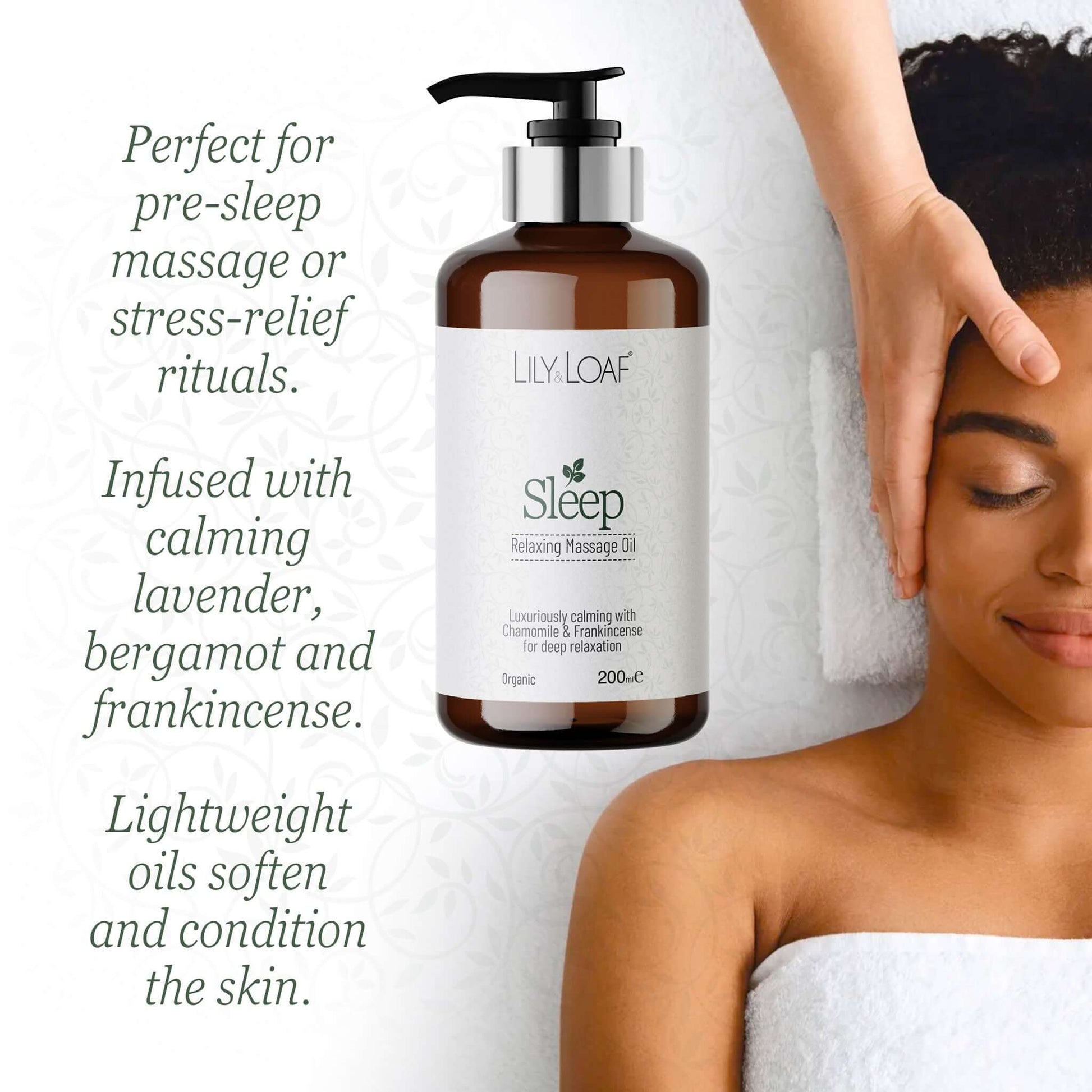 Lily Loaf Sleep Relaxing Massage Oil bottle with a woman receiving a massage on a white background