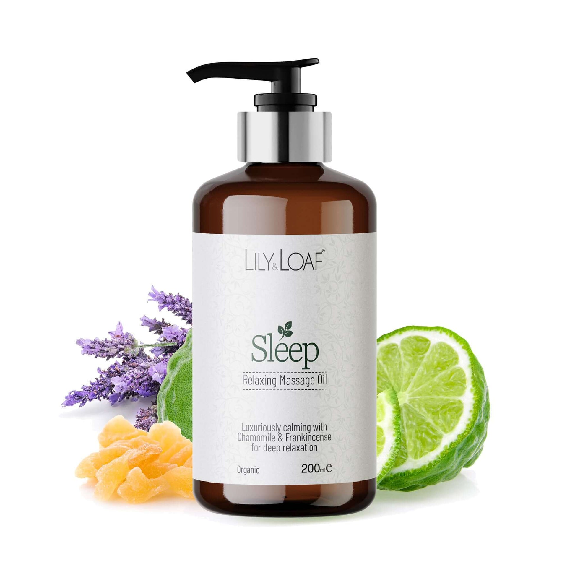 Bottle of Lily & Loaf Sleep massage oil with lavender, lime, and frankincense elements on a white background