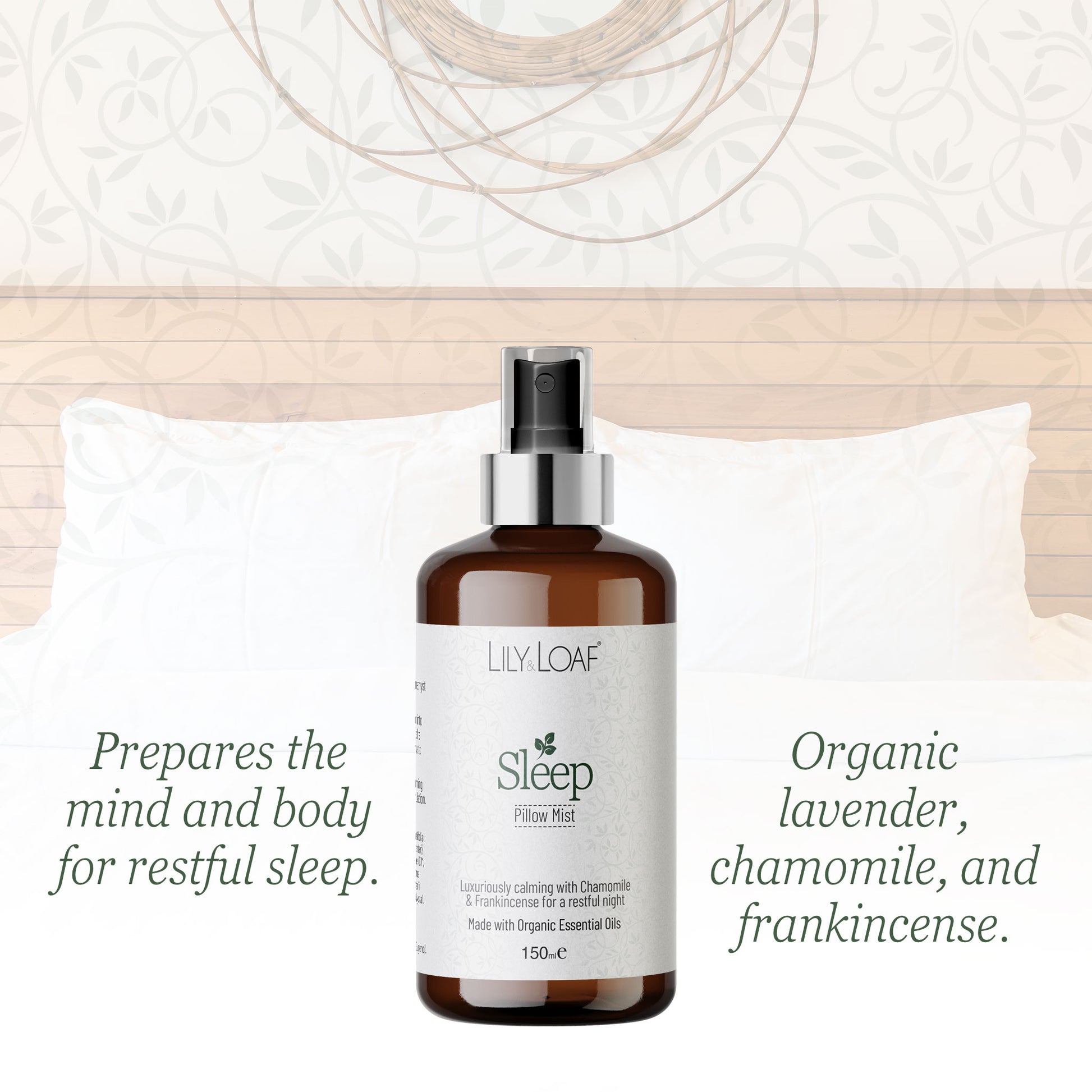 LILY & LOAF Sleep pillow mist on a bed with pillows and a wooden headboard.