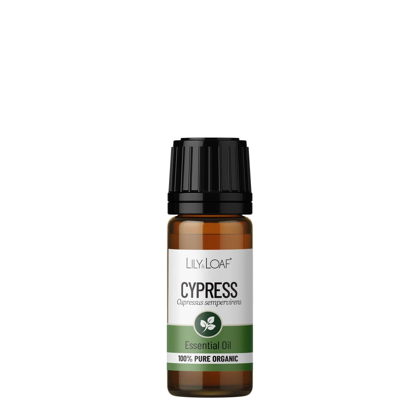 Bottle of Lily & Loaf Cypress essential oil on a white background