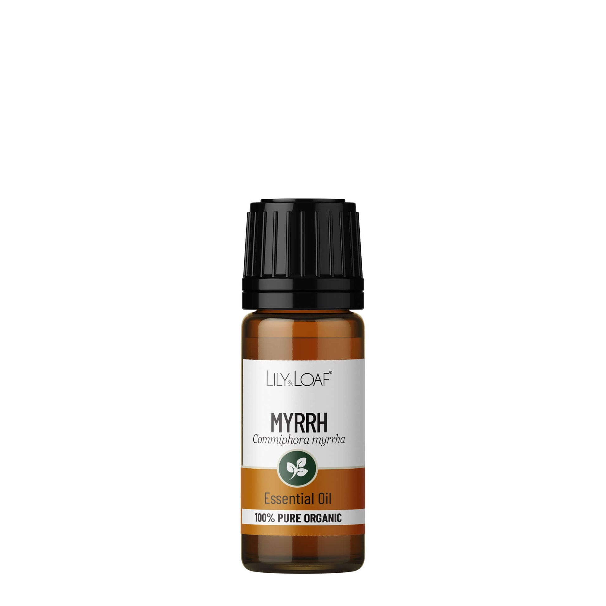 Lily & Loaf Myrrh essential oil bottle on a white background