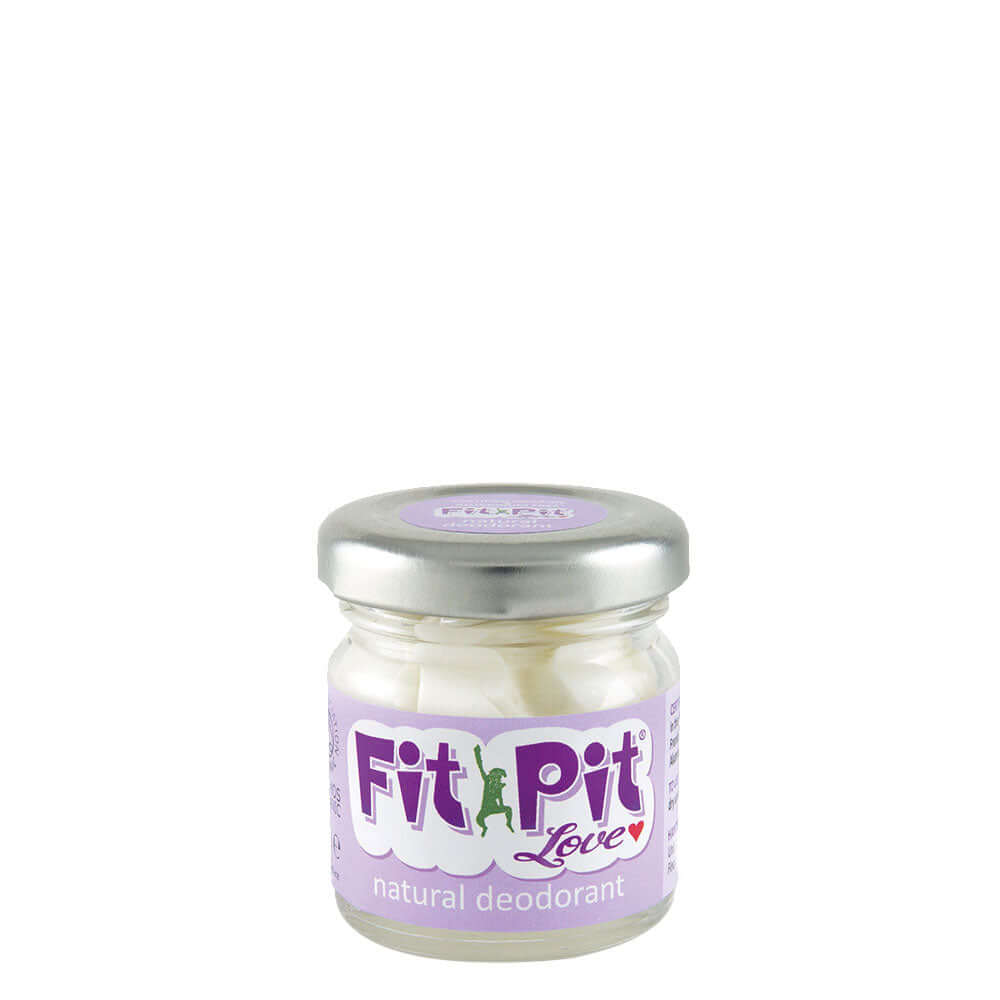 Jar of Fit Pit Love natural deodorant on a white background