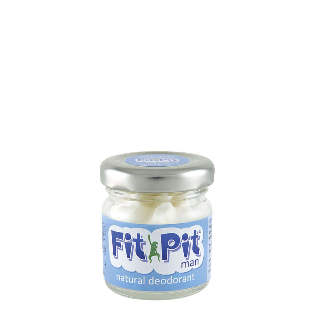 Jar of Fit Pit Man natural deodorant on a white background
