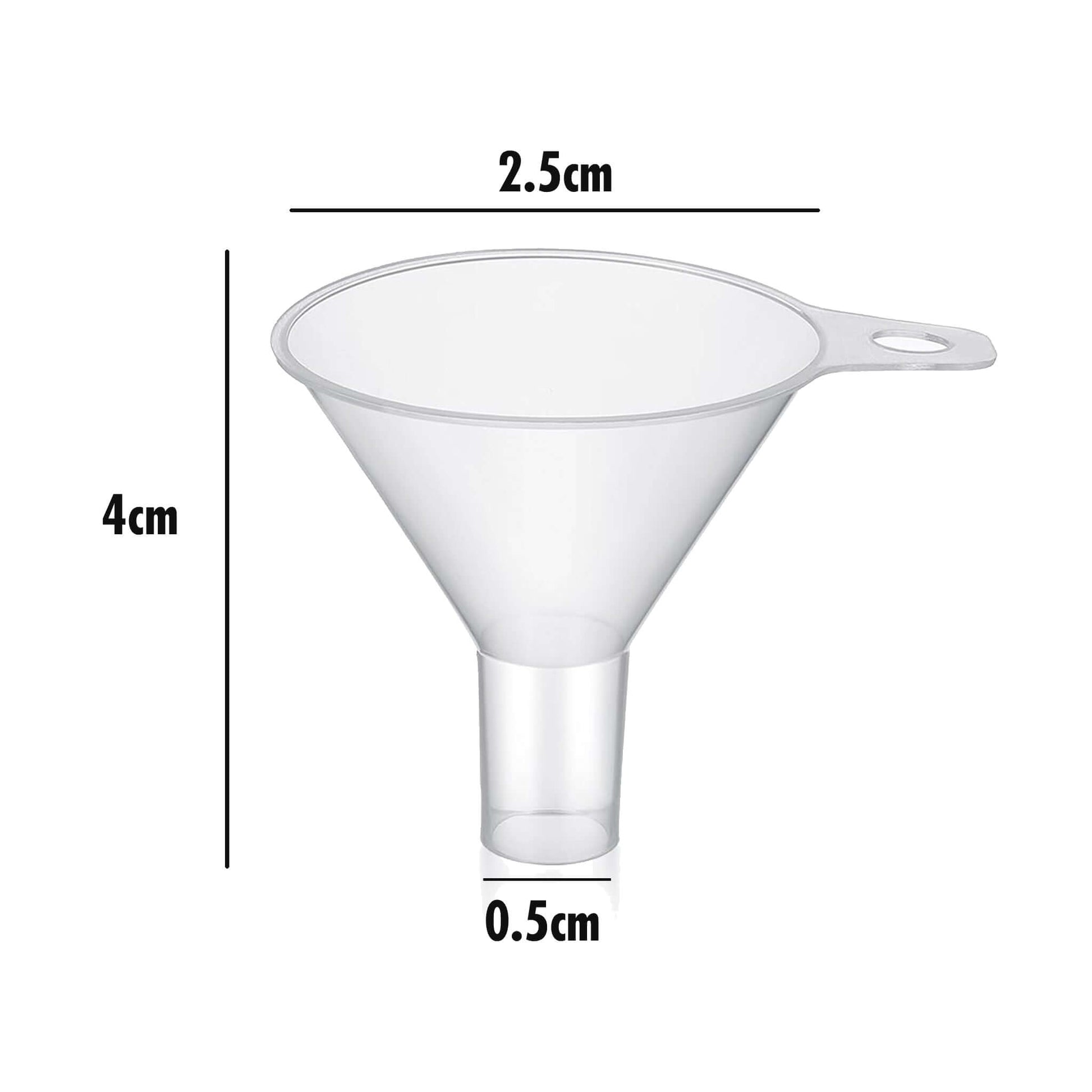 Transparent funnel with dimensions labeled on a white background