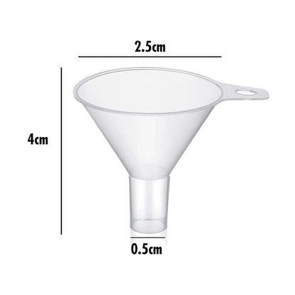 Transparent funnel with dimensions labeled on a white background