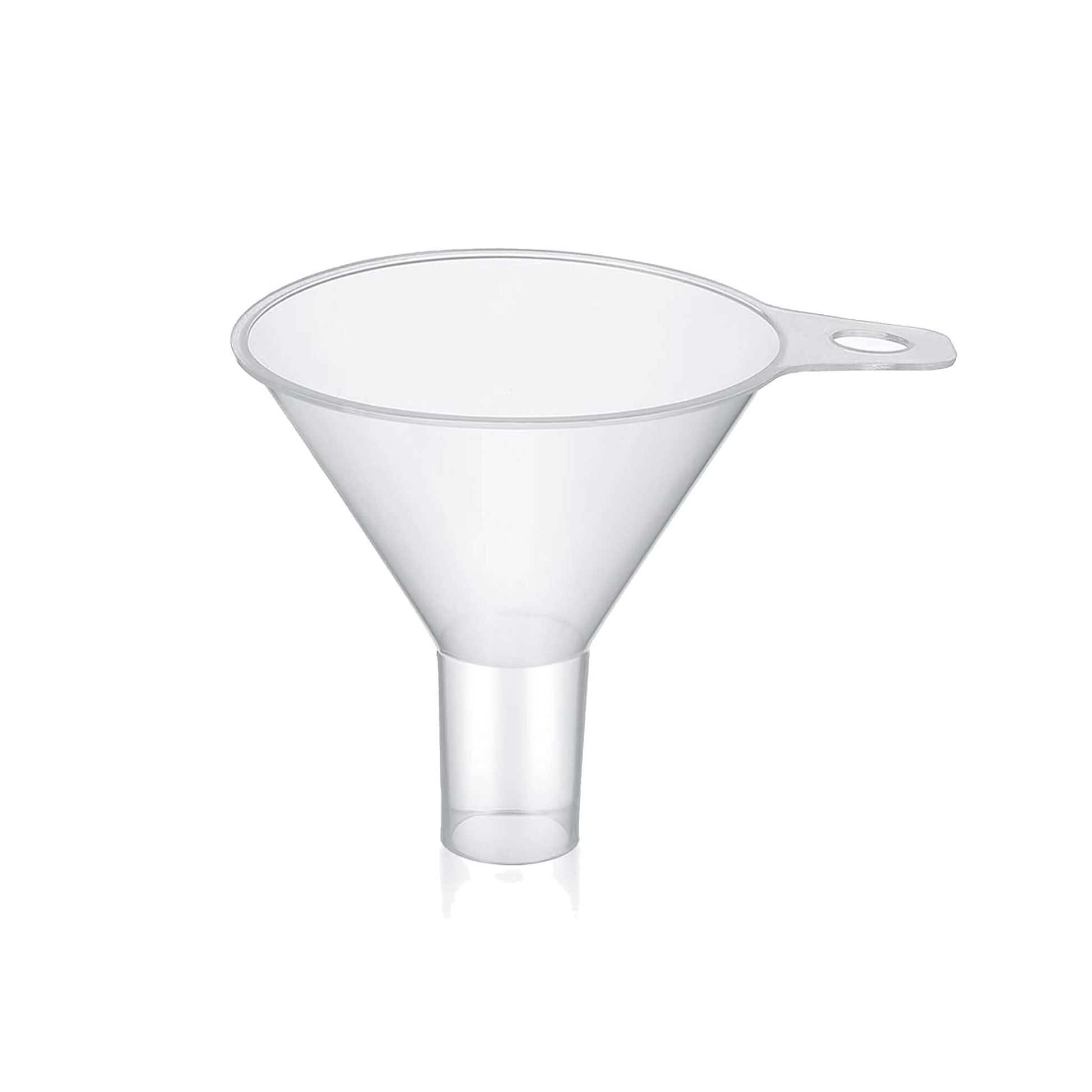 Clear plastic funnel on a white background