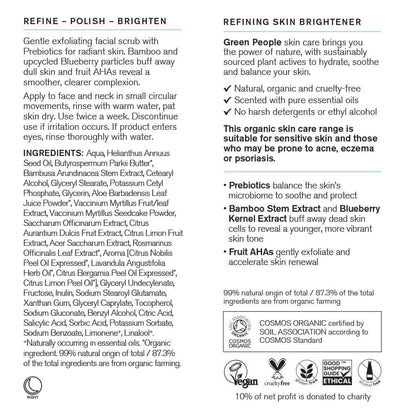 Product label for a skin brightener with ingredients and certification details.