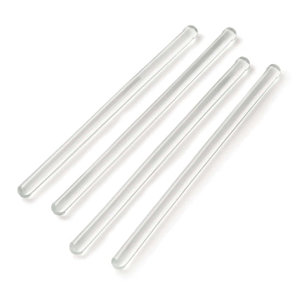 Four clear glass rods on a white background