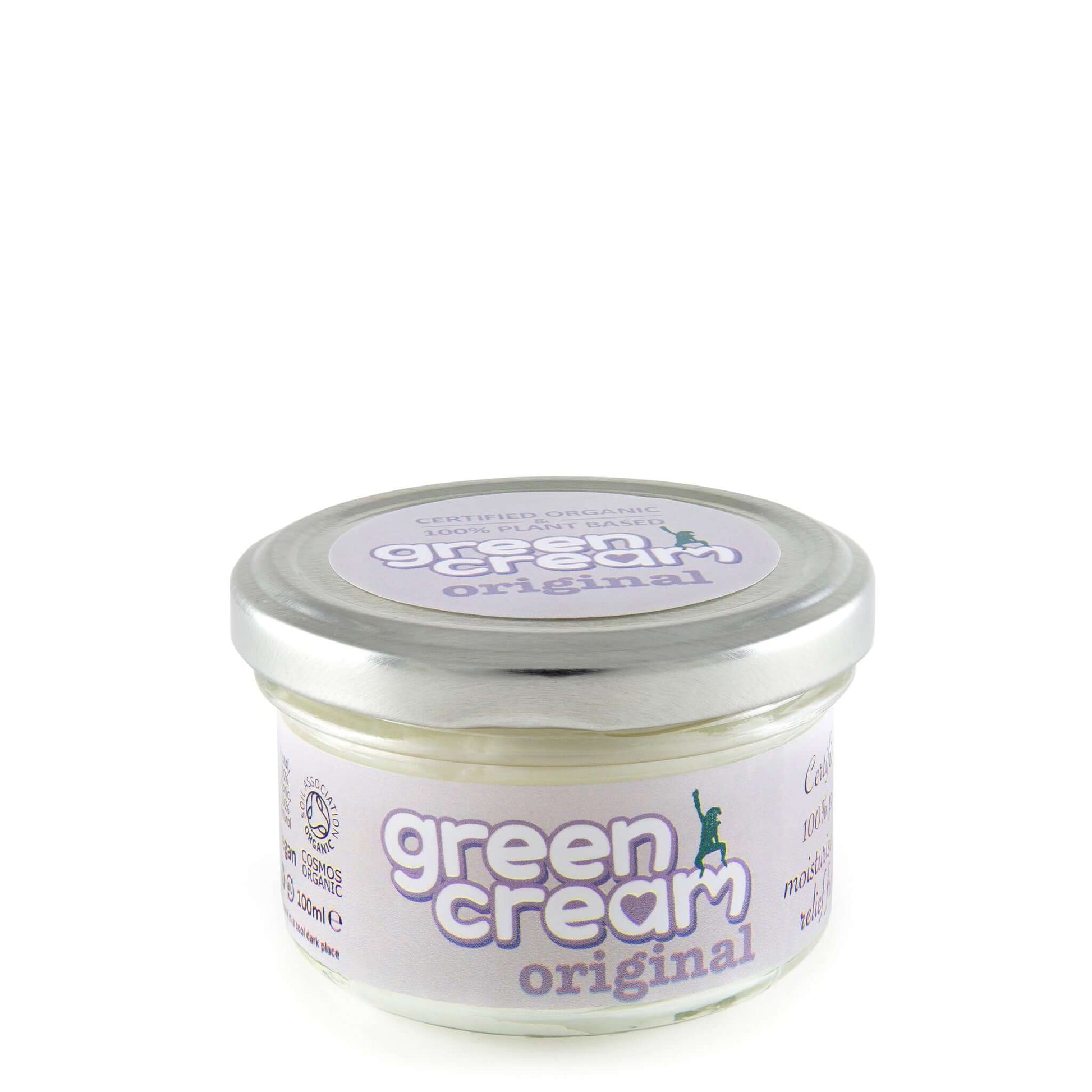 A jar of Green Cream Original day cream in a small clear glass jar with a silver lid.