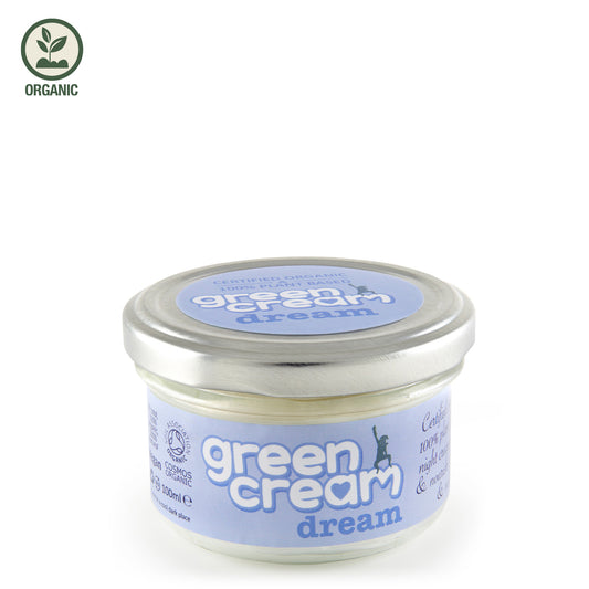 Jar of 'Green Cream Dream' on a white background with organic label.