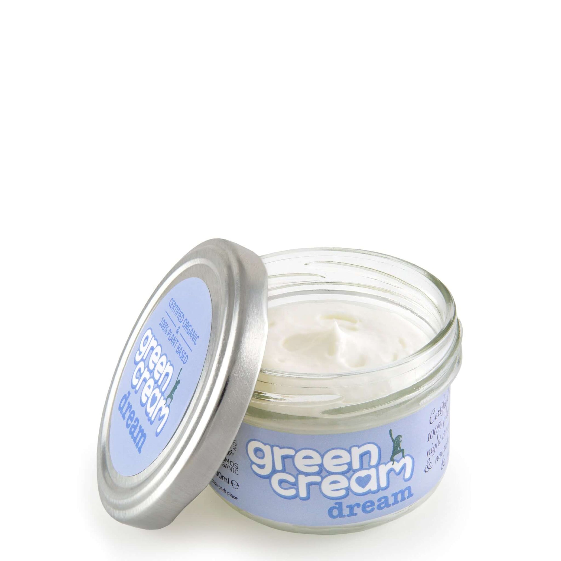 Open jar of Green Cream Dream with silver lid and light blue label, showing smooth white cream inside.