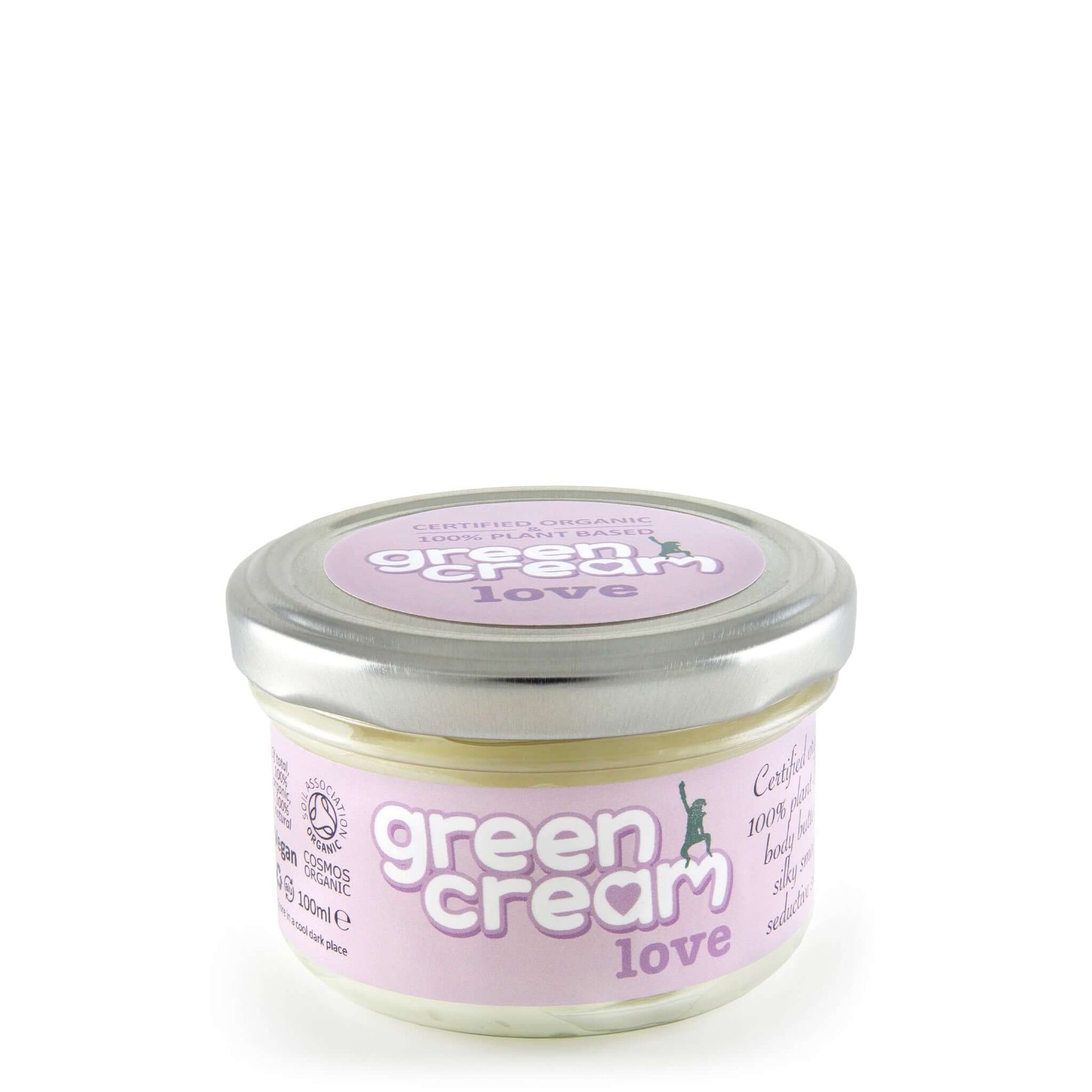 A jar of Green Cream Love body cream with a purple label on a white background.