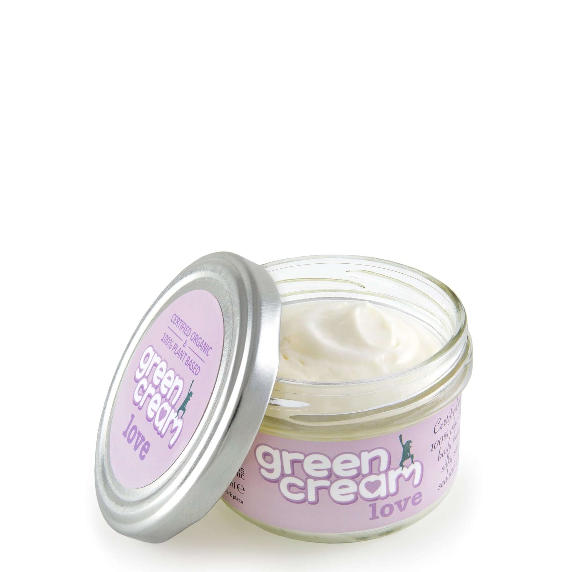 Open jar of Green Cream Love with silver lid and pink label, showing smooth white cream inside.
