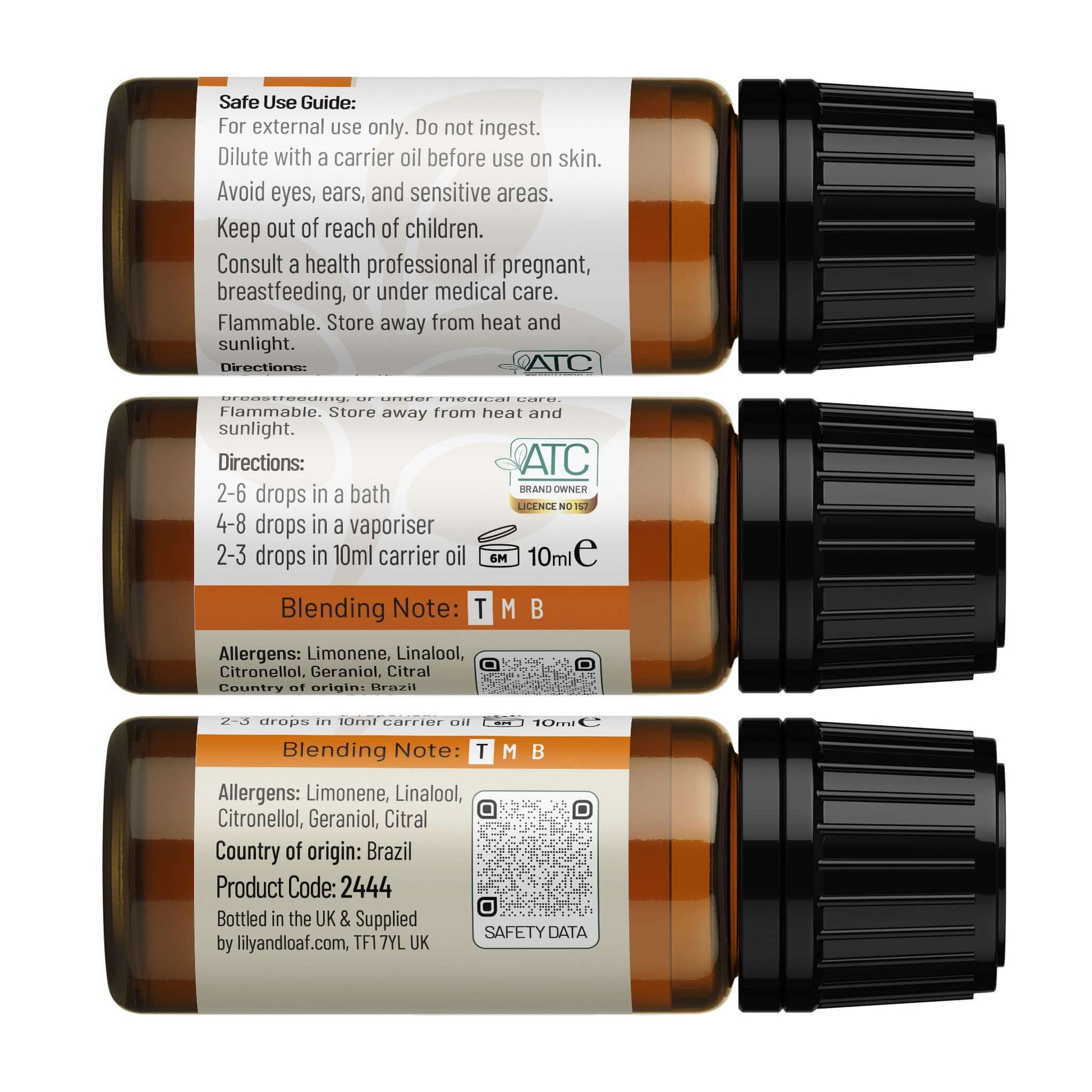 Green Mandarin Essential Oil label with directions and safe use guide