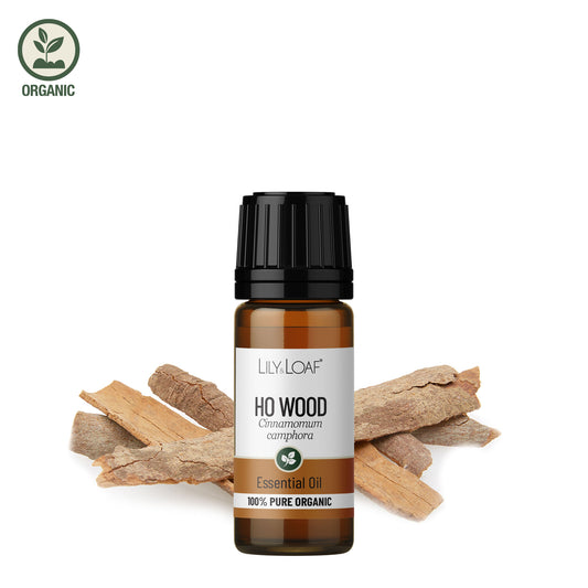 Lily Loaf Ho Wood essential oil bottle with ho wood sticks on a white background