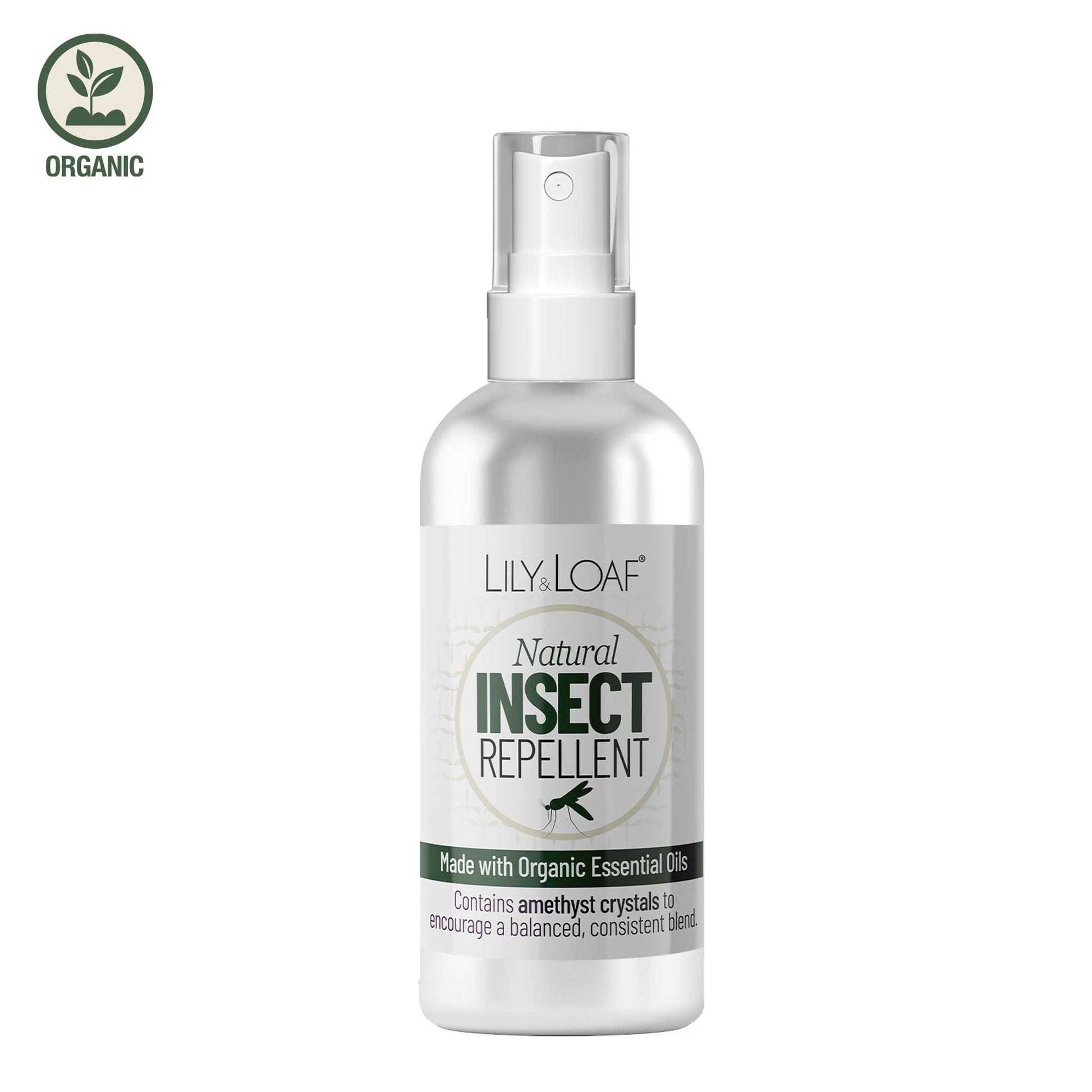 Natural Insect Repellent made with organic essential oils and contains amethyst crystals