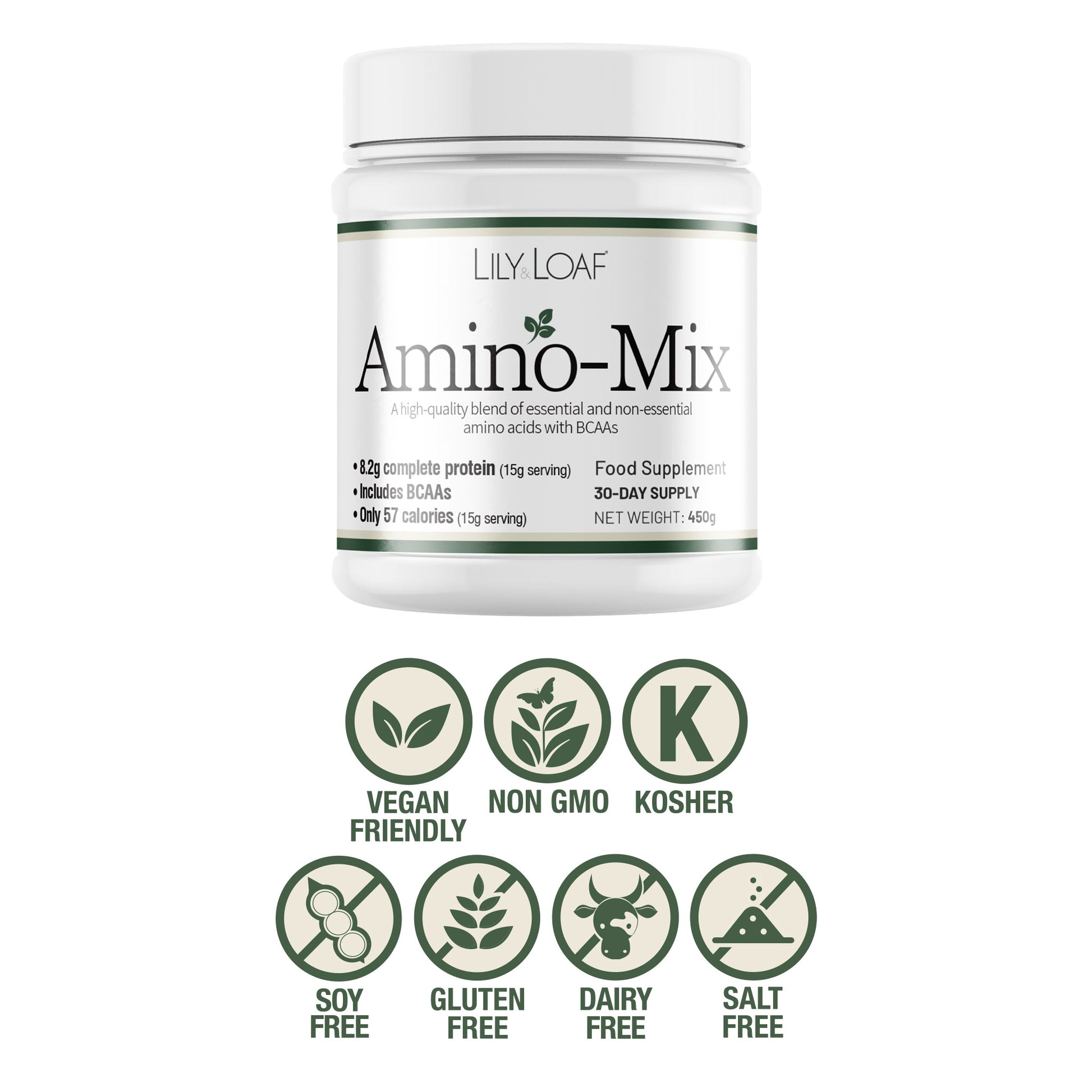 Lilly & Loaf Amino-Mix supplement container with certification icons on a white background