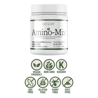 Lilly & Loaf Amino-Mix supplement container with certification icons on a white background
