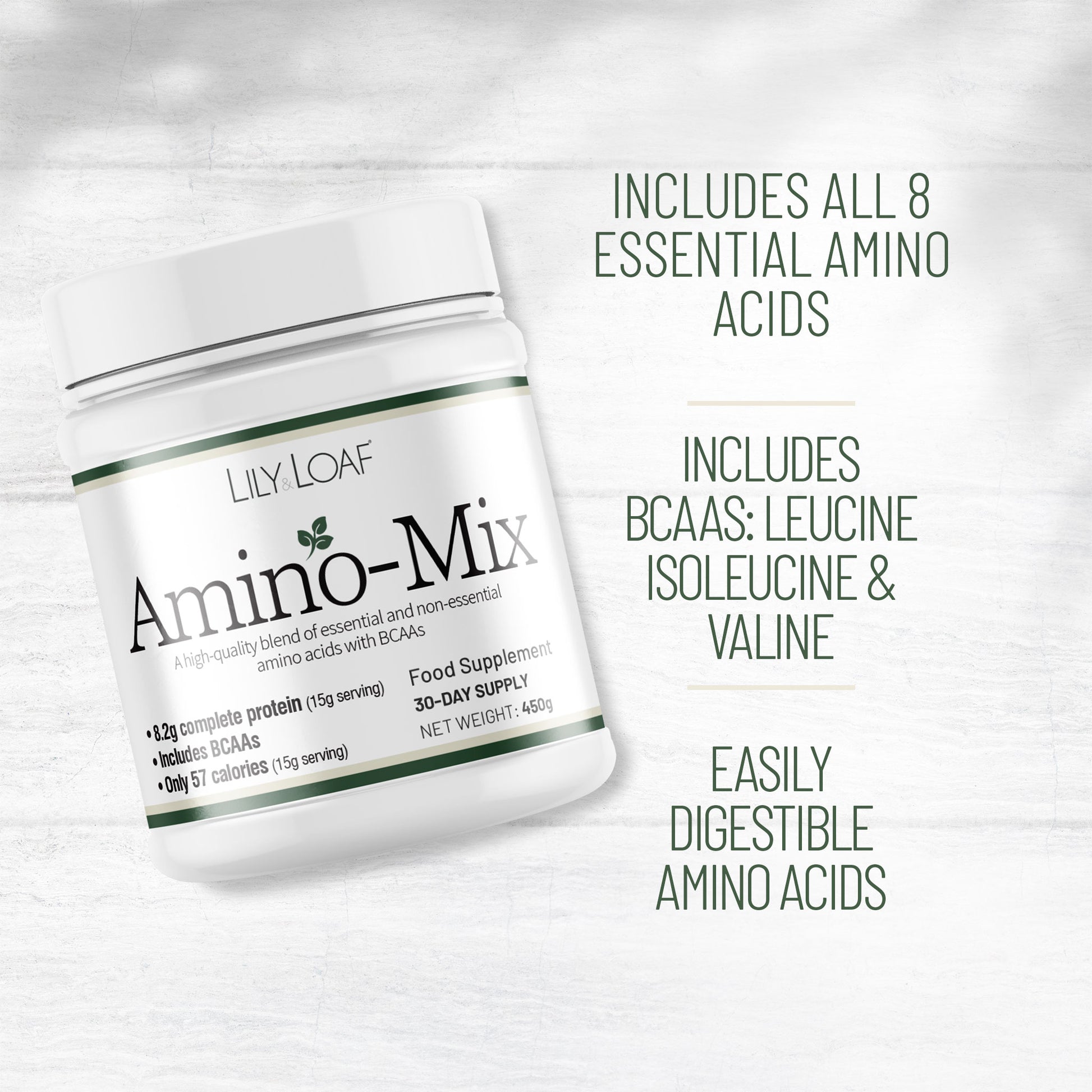 Lily & Loaf Amino-Mix supplement container with text on a light grey background