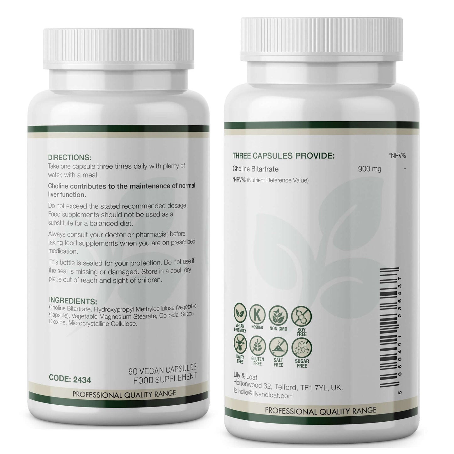 Back view of Lily & Loaf Choline Bitartrate 900mg bottle showing directions, ingredients, and nutrition information for 3 vegan capsules