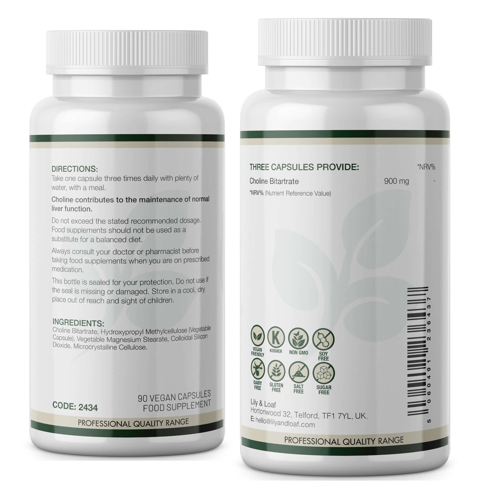 Back view of Lily & Loaf Choline Bitartrate 900mg bottle showing directions, ingredients, and nutrition information for 3 vegan capsules
