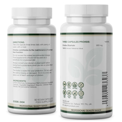Back view of Lily & Loaf Choline Bitartrate 900mg bottle showing directions, ingredients, and nutrition information for 3 vegan capsules