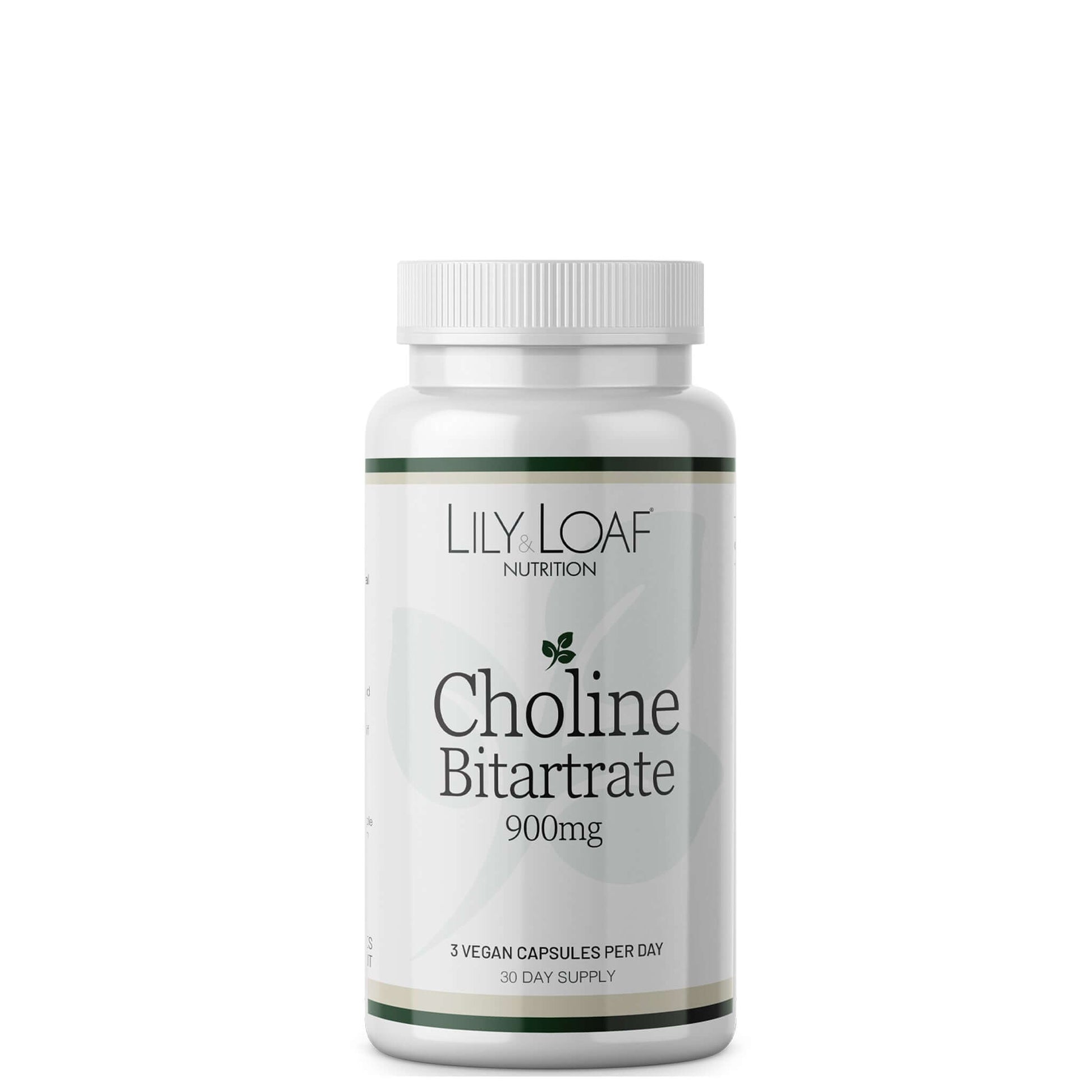 A bottle of Lily & Loaf Choline Bitartrate 900mg, with white and green label.