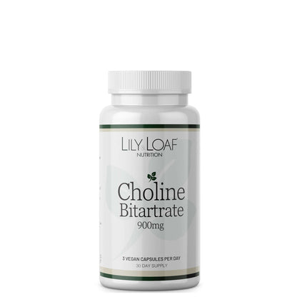 A bottle of Lily & Loaf Choline Bitartrate 900mg, with white and green label.