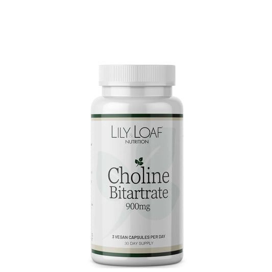 A bottle of Lily & Loaf Choline Bitartrate 900mg, with white and green label.