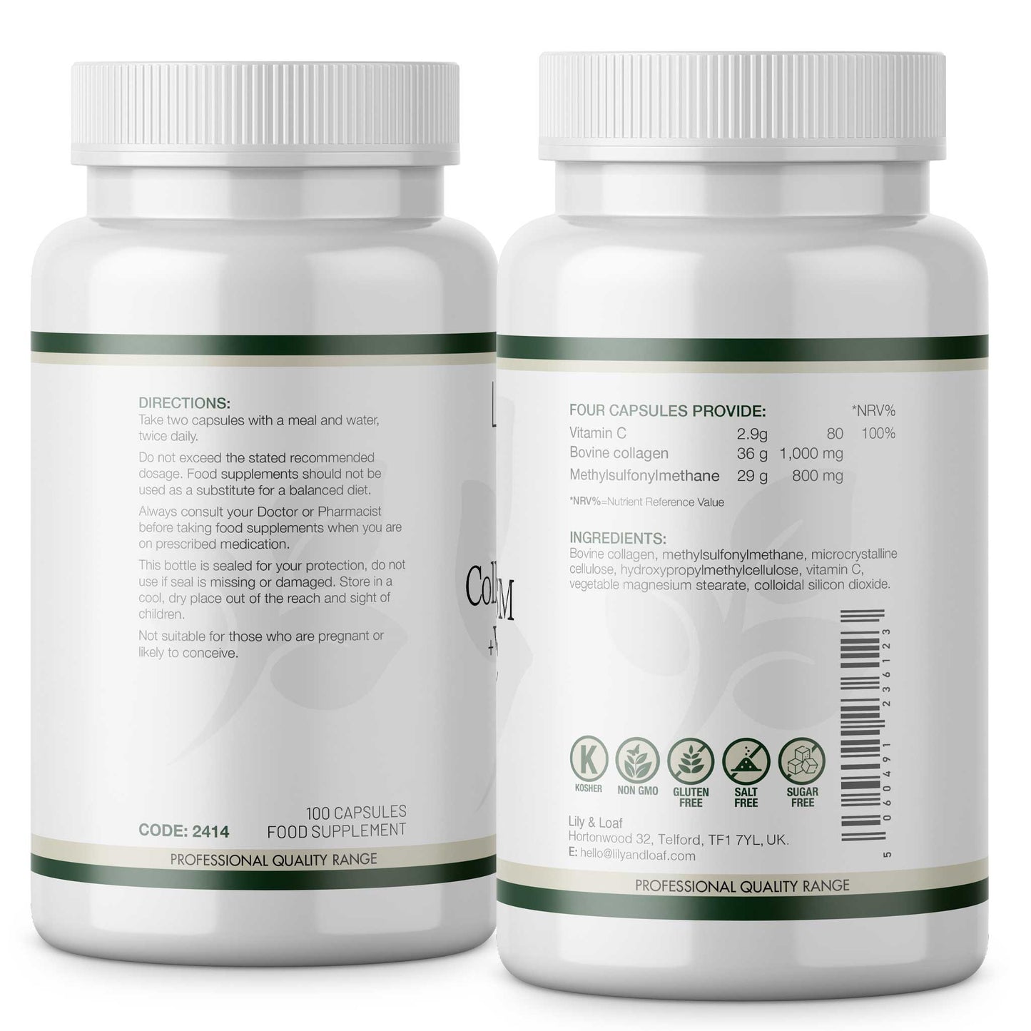 Collagen, MSM & Vitamin C label with directions and nutritional information on a white background