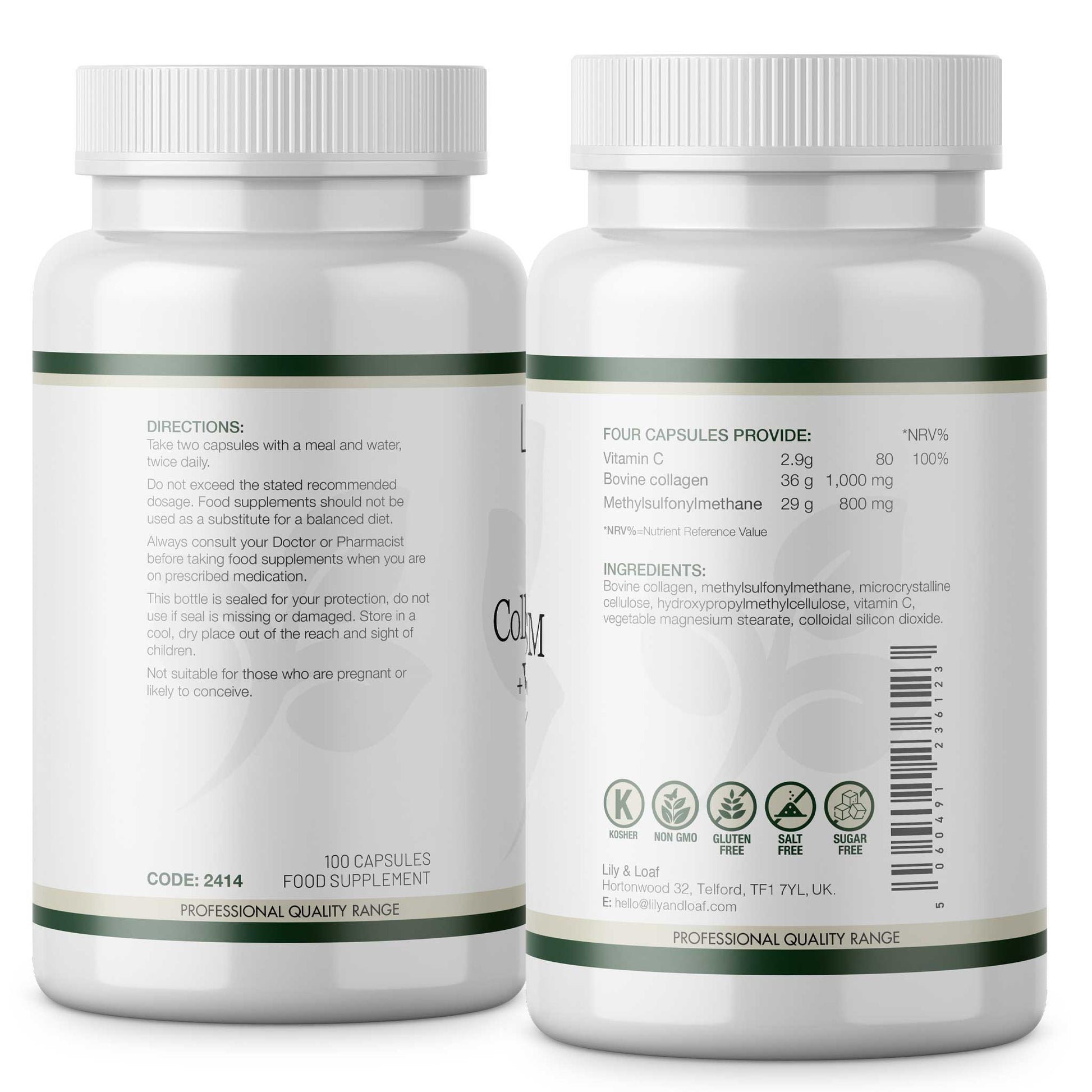 Collagen, MSM & Vitamin C label with directions and nutritional information on a white background