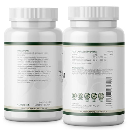 Collagen, MSM & Vitamin C label with directions and nutritional information on a white background