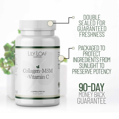 Bottle of Lily Loaf Collagen, MSM & Vitamin C with product details on a white background